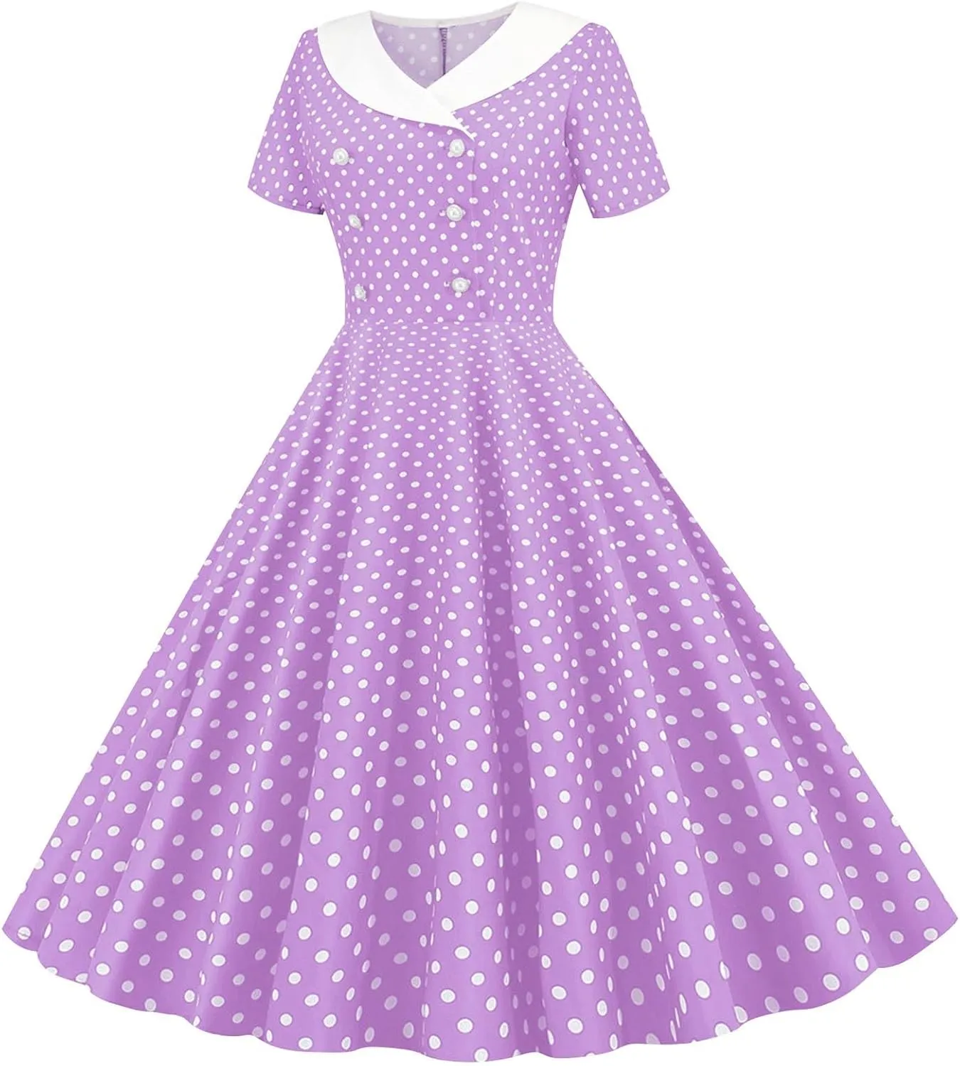 Girls Double Breasted Notch Lapel 50s Vintage Short Sleeve Cocktail Swing Dress Polka Dot 1950s Rockabilly Prom Midi Sundress
