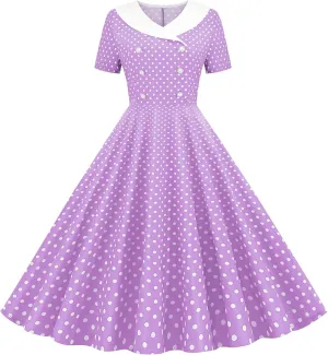 Girls Double Breasted Notch Lapel 50s Vintage Short Sleeve Cocktail Swing Dress Polka Dot 1950s Rockabilly Prom Midi Sundress