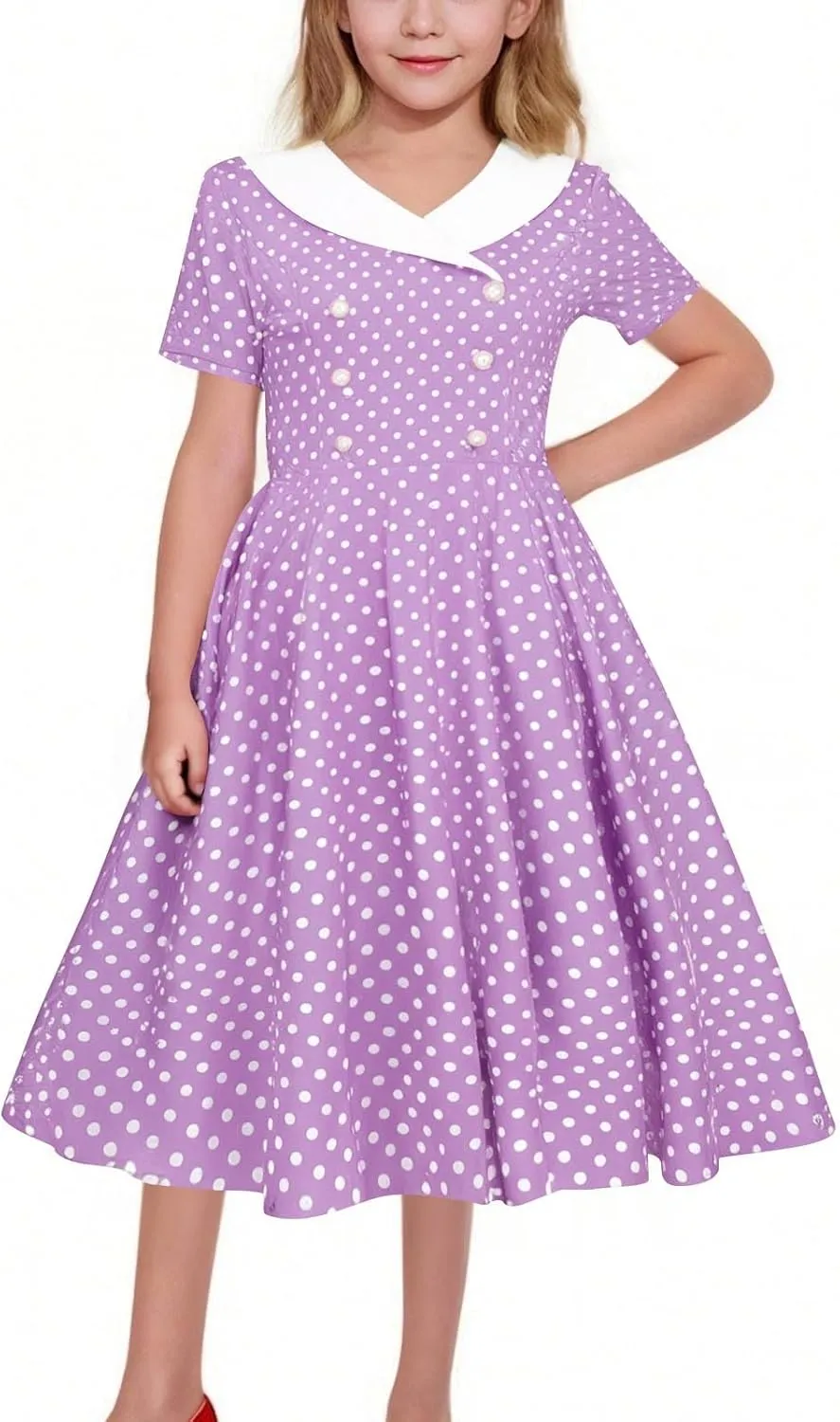 Girls Double Breasted Notch Lapel 50s Vintage Short Sleeve Cocktail Swing Dress Polka Dot 1950s Rockabilly Prom Midi Sundress