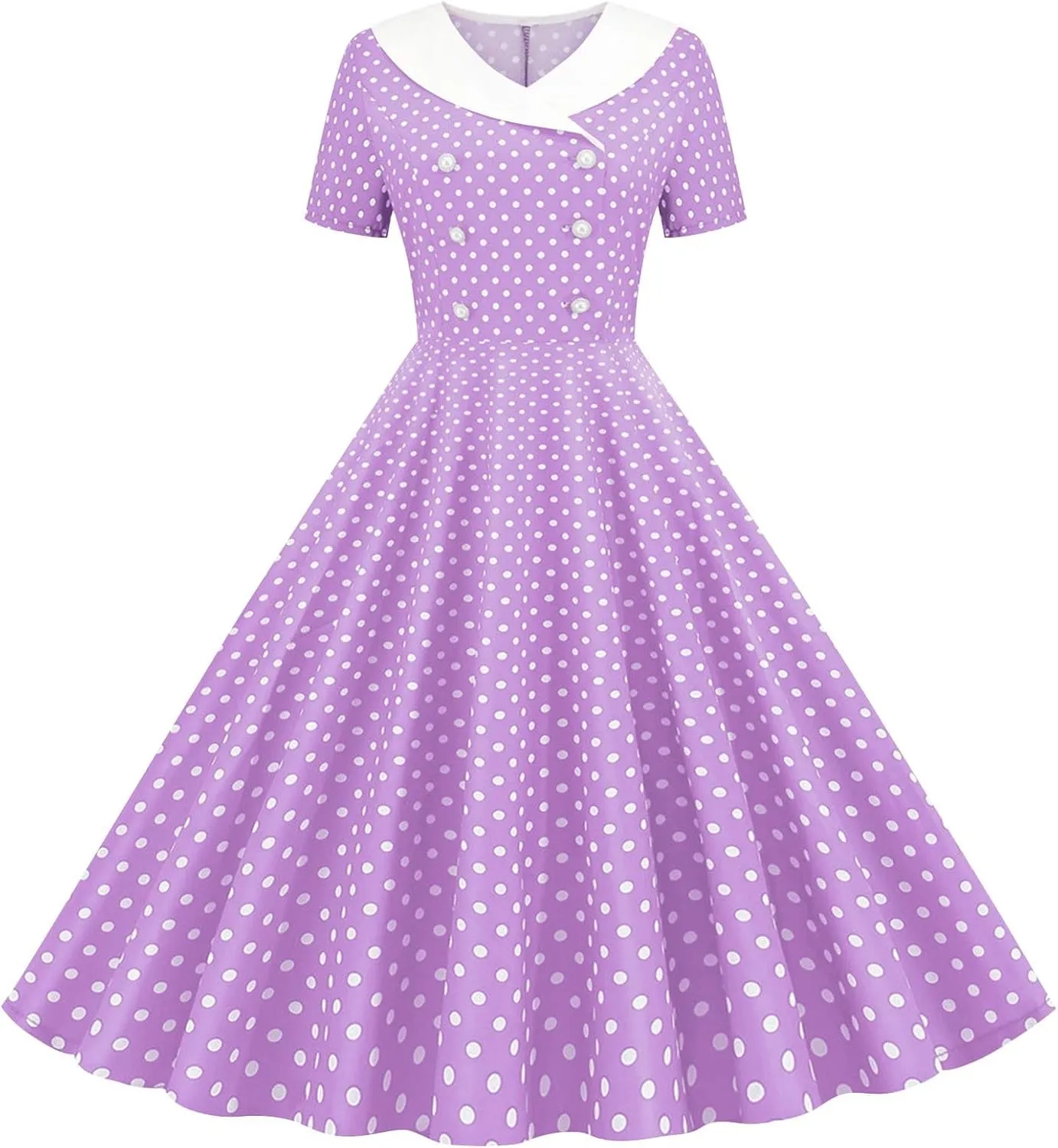 Girls Double Breasted Notch Lapel 50s Vintage Short Sleeve Cocktail Swing Dress Polka Dot 1950s Rockabilly Prom Midi Sundress