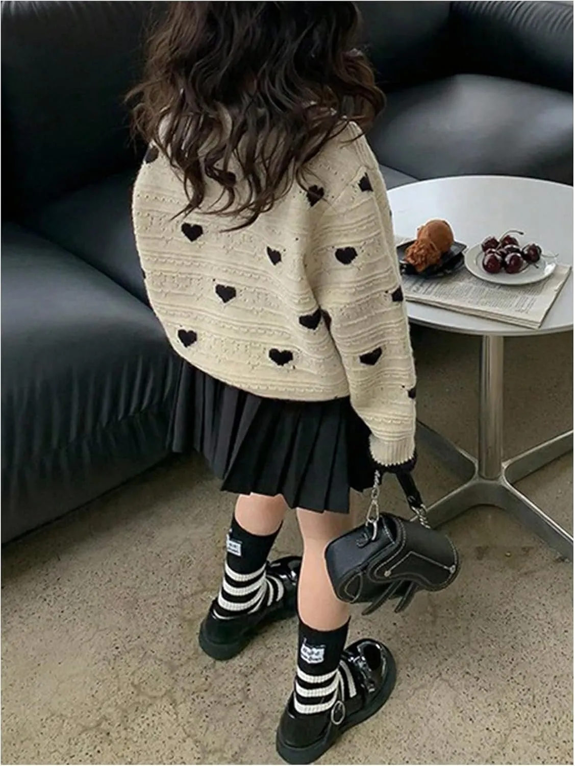 Girl's Heart Pattern Button Down Sweater Cute Round Neck Fall Drop Shoulder Cardigan
