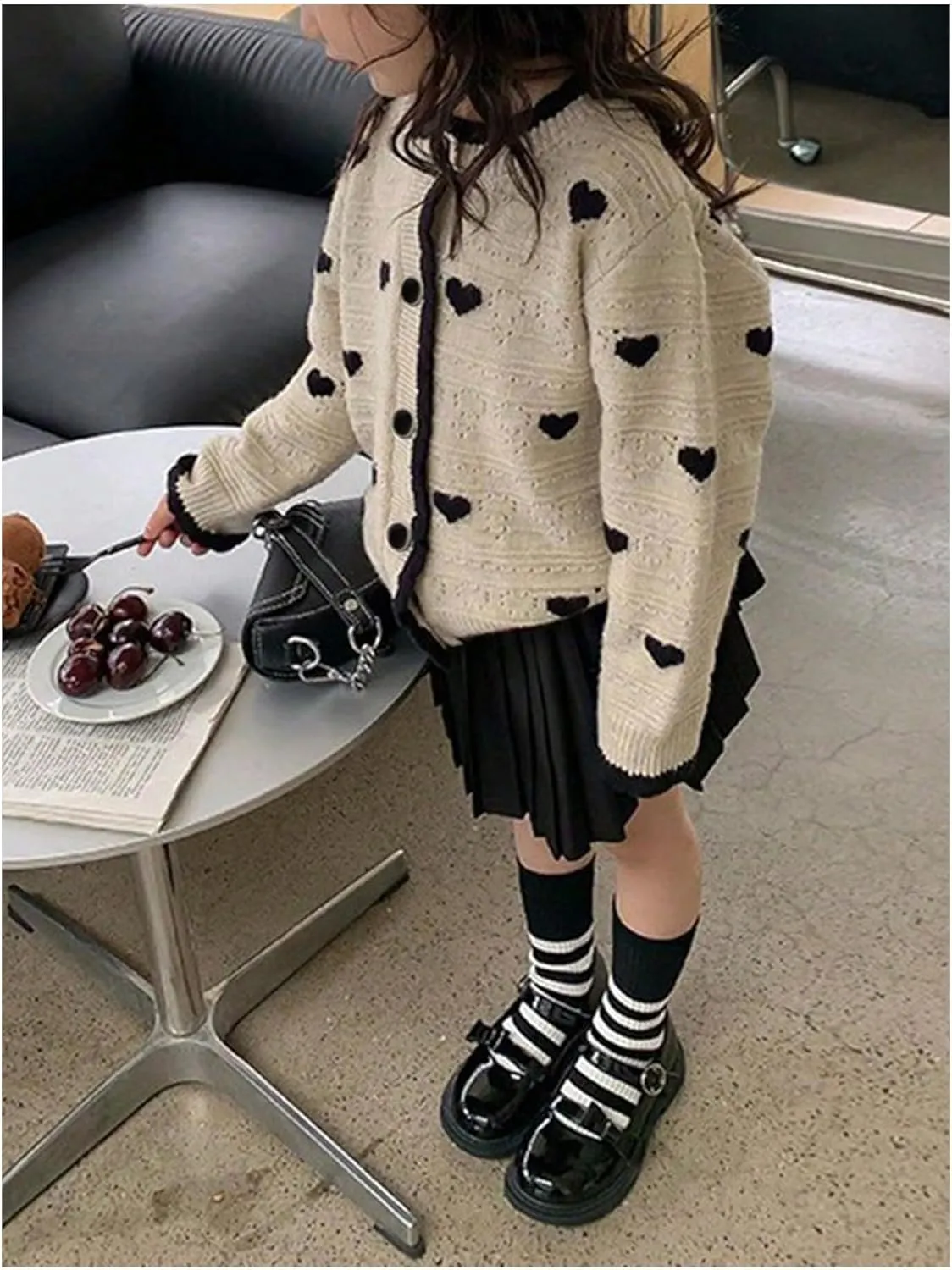 Girl's Heart Pattern Button Down Sweater Cute Round Neck Fall Drop Shoulder Cardigan