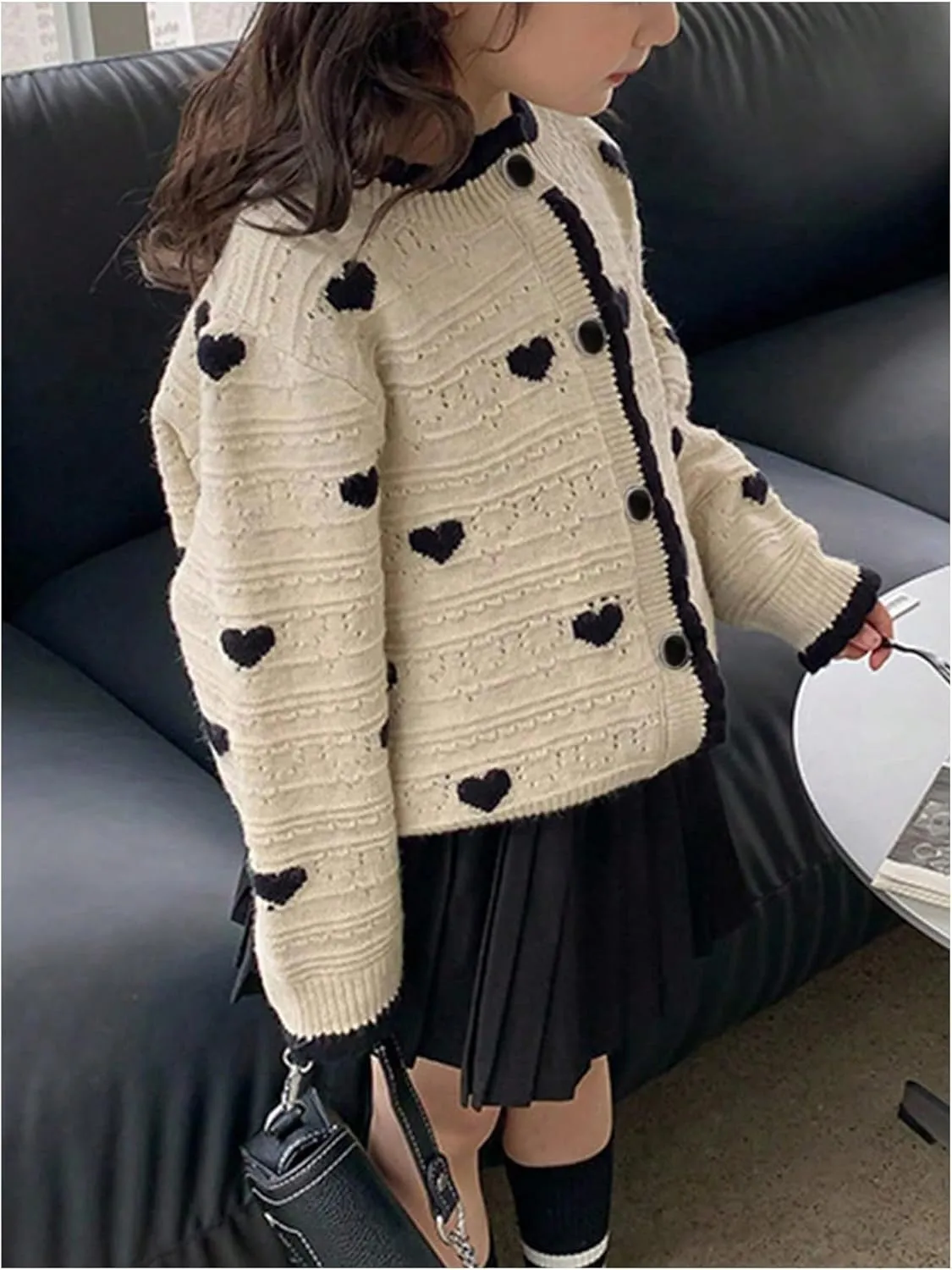 Girl's Heart Pattern Button Down Sweater Cute Round Neck Fall Drop Shoulder Cardigan