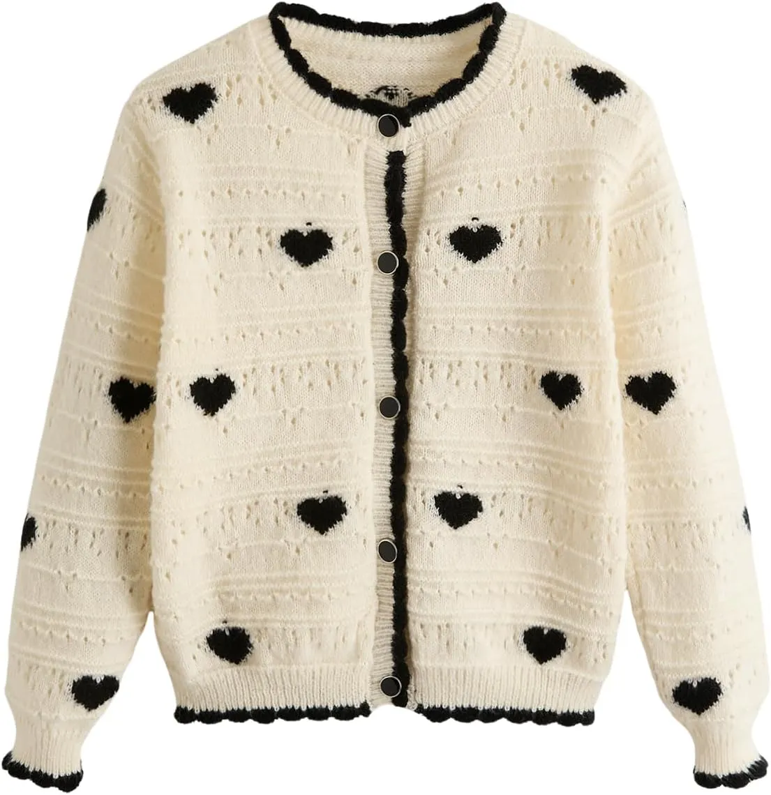 Girl's Heart Pattern Button Down Sweater Cute Round Neck Fall Drop Shoulder Cardigan