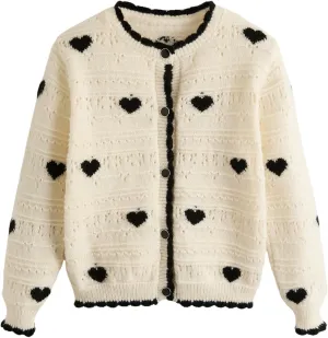 Girl's Heart Pattern Button Down Sweater Cute Round Neck Fall Drop Shoulder Cardigan
