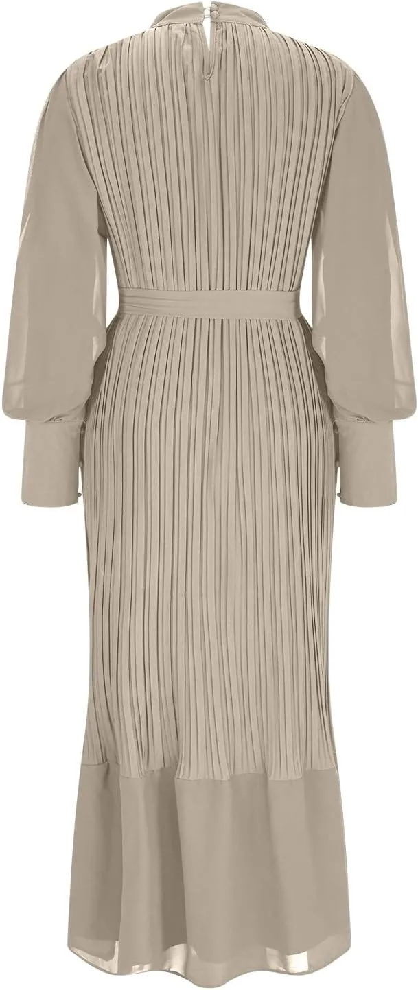 HGps8w Women's Lantern Long Sleeve Pleated Dress, Elegant Empire Waist Cocktail Party Wedding Guest Midi Dresses