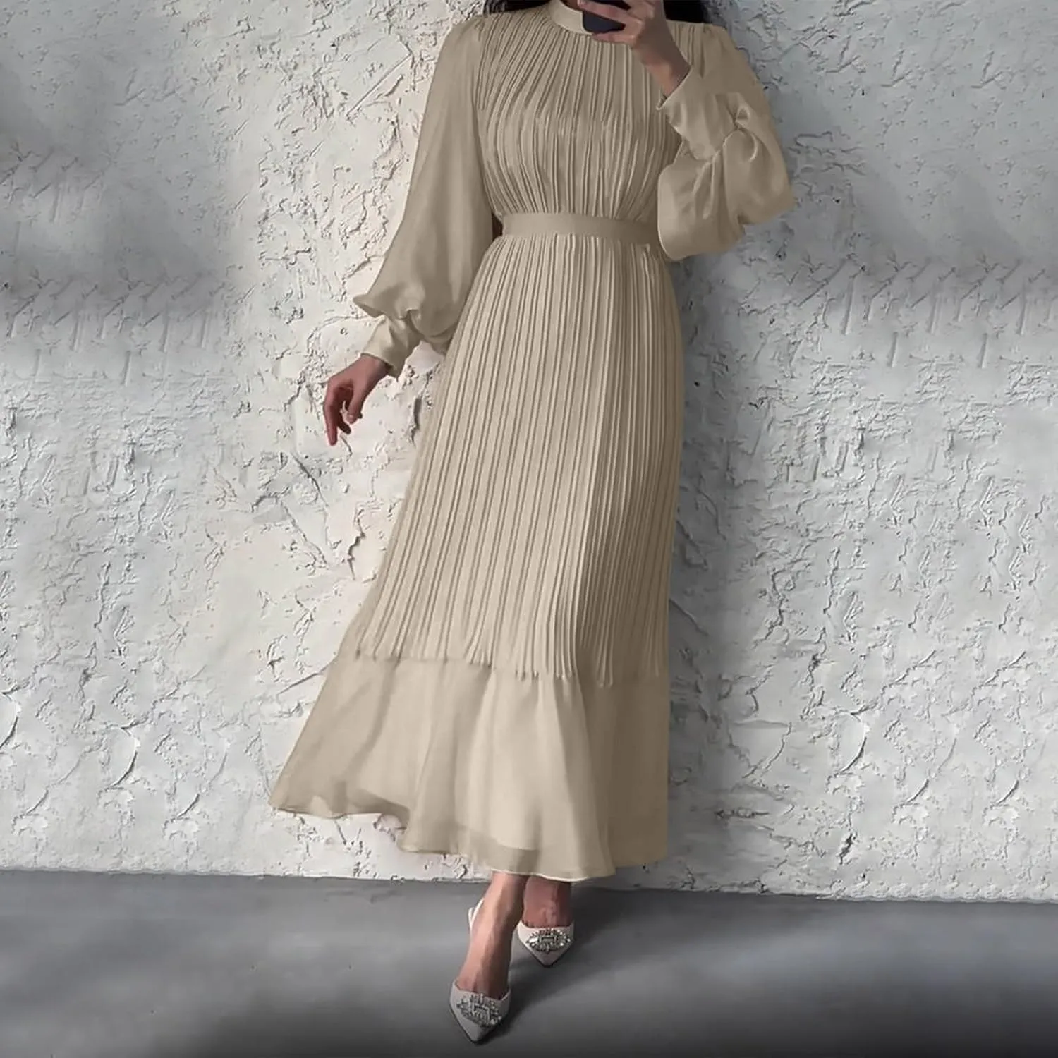 HGps8w Women's Lantern Long Sleeve Pleated Dress, Elegant Empire Waist Cocktail Party Wedding Guest Midi Dresses