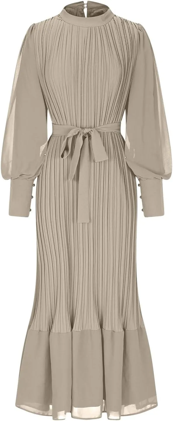 HGps8w Women's Lantern Long Sleeve Pleated Dress, Elegant Empire Waist Cocktail Party Wedding Guest Midi Dresses