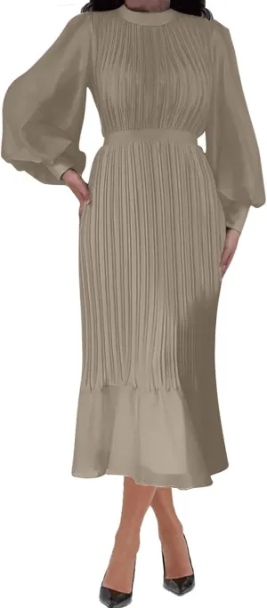 HGps8w Women's Lantern Long Sleeve Pleated Dress, Elegant Empire Waist Cocktail Party Wedding Guest Midi Dresses