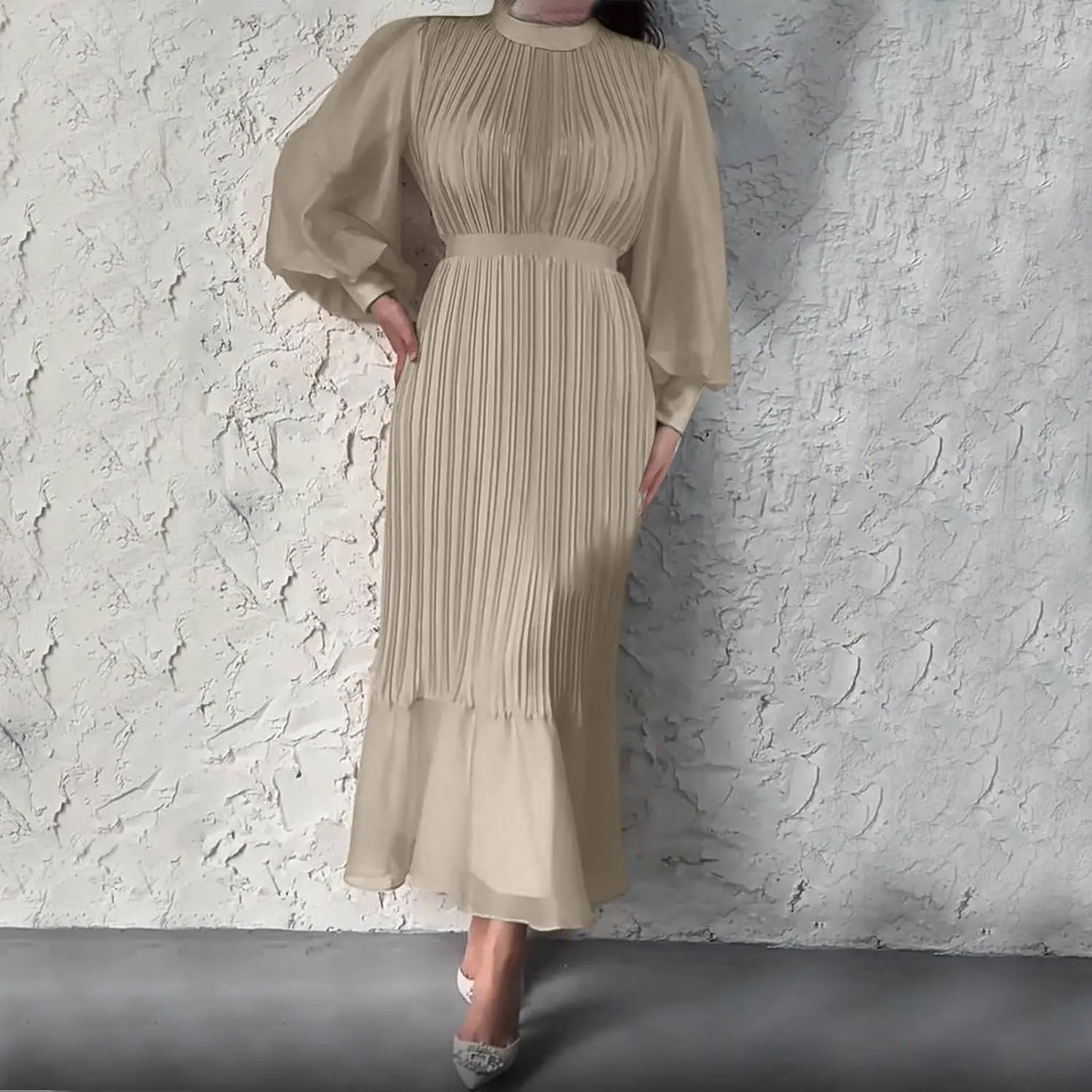 HGps8w Women's Lantern Long Sleeve Pleated Dress, Elegant Empire Waist Cocktail Party Wedding Guest Midi Dresses