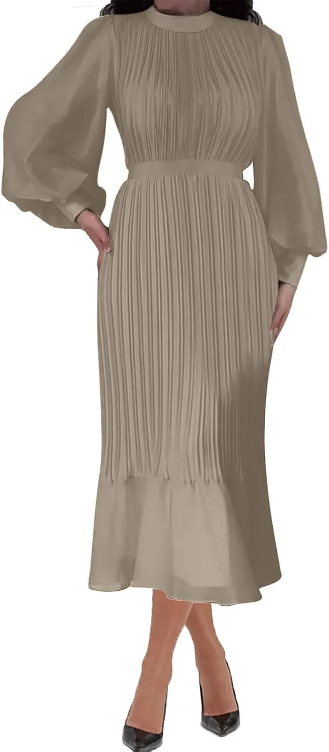 HGps8w Women's Lantern Long Sleeve Pleated Dress, Elegant Empire Waist Cocktail Party Wedding Guest Midi Dresses