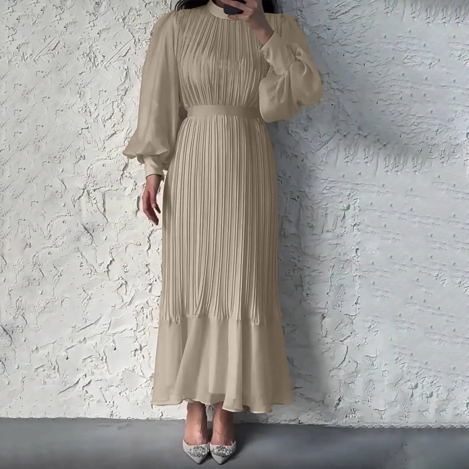 HGps8w Women's Lantern Long Sleeve Pleated Dress, Elegant Empire Waist Cocktail Party Wedding Guest Midi Dresses