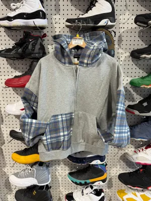 Hidden Season Plaid Pocket Zip Up Hoodie - Grey