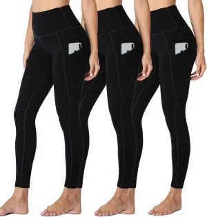 HLTPRO 3 Pack Leggings with Pockets for Women - Capri Black High Waisted Tummy Control Soft Yoga Pants for Workout Gym