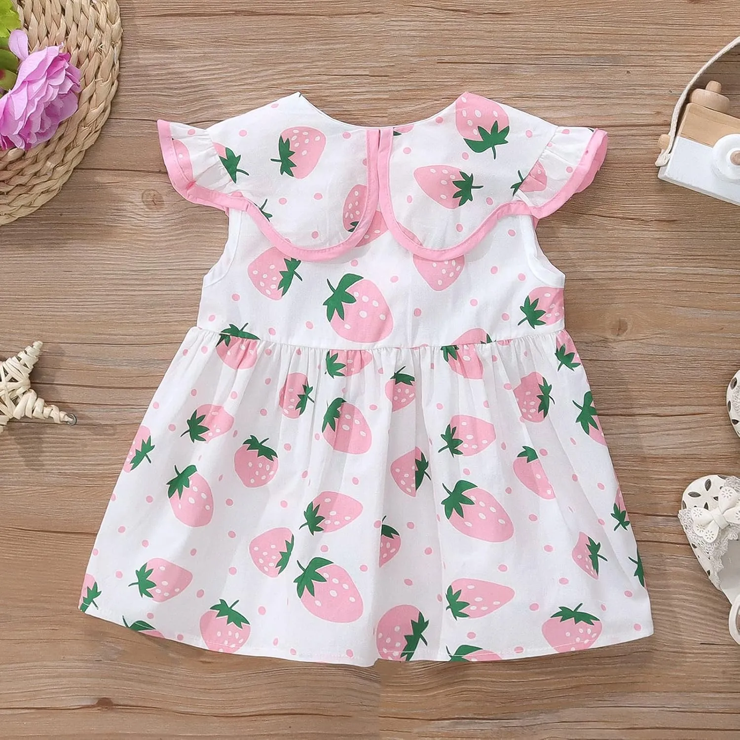 Infant Toddler Girls Short Sleeve Casual Dress Fruits Print Sundress A-Line Pleated Beach Dress