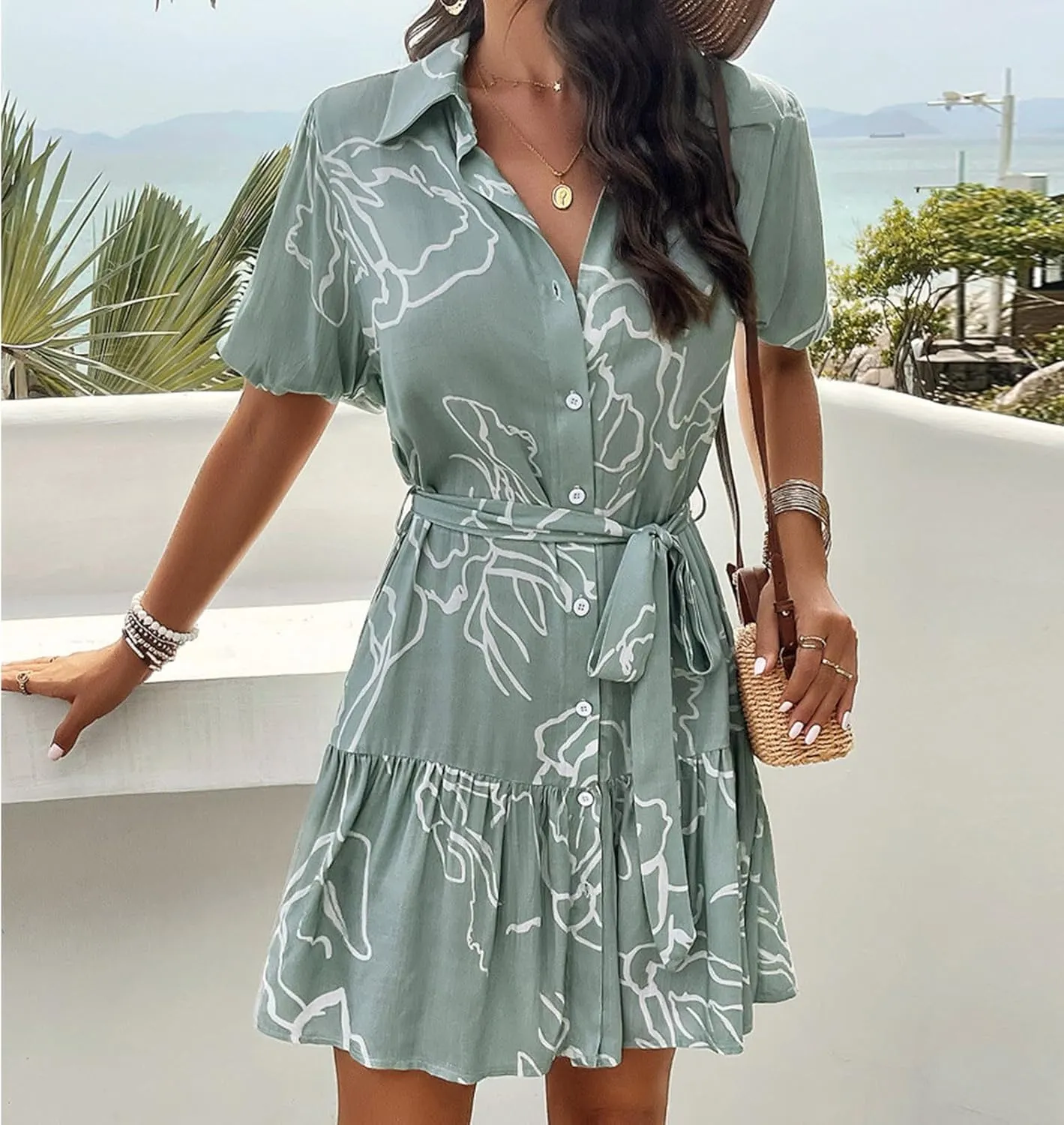 JOAU Women's Button Shirt Dress 2024 Casual Summer Collared V Neck Puff Sleeve Flowy Ruffle Tiered Swing Beach Mini Dresses