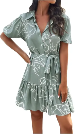 JOAU Women's Button Shirt Dress 2024 Casual Summer Collared V Neck Puff Sleeve Flowy Ruffle Tiered Swing Beach Mini Dresses