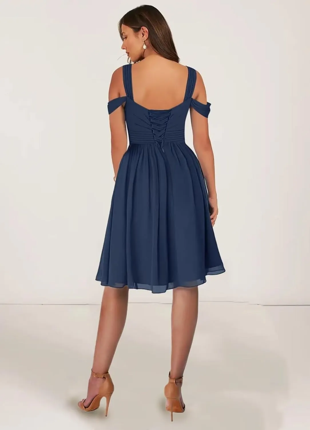 KDTM Short Off Shoulder Chiffon Bridesmaid Dress with Pockets Pleat Knee Length A-Line Formal Party Dresses