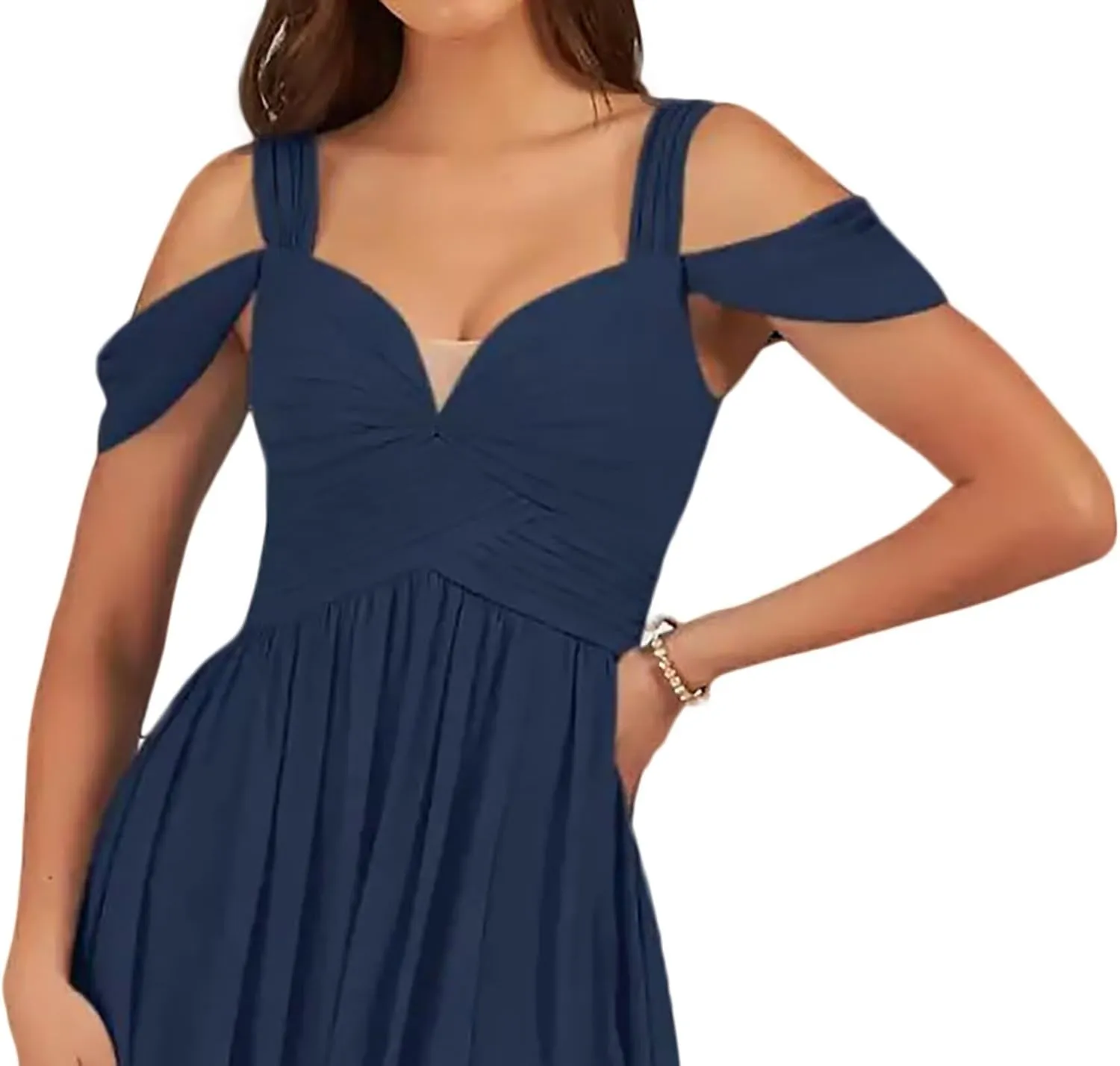 KDTM Short Off Shoulder Chiffon Bridesmaid Dress with Pockets Pleat Knee Length A-Line Formal Party Dresses