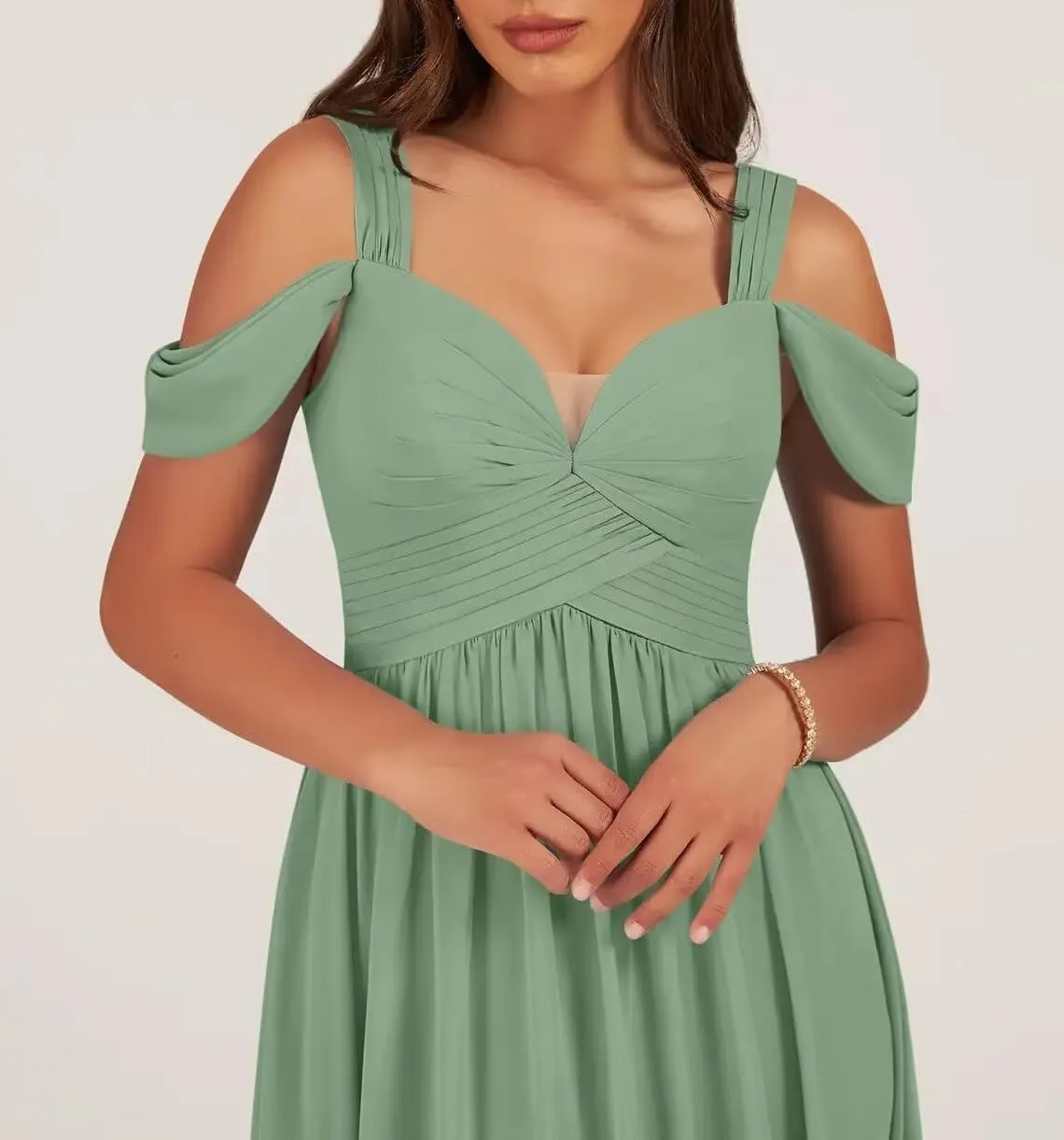 KDTM Short Off Shoulder Chiffon Bridesmaid Dress with Pockets Pleat Knee Length A-Line Formal Party Dresses
