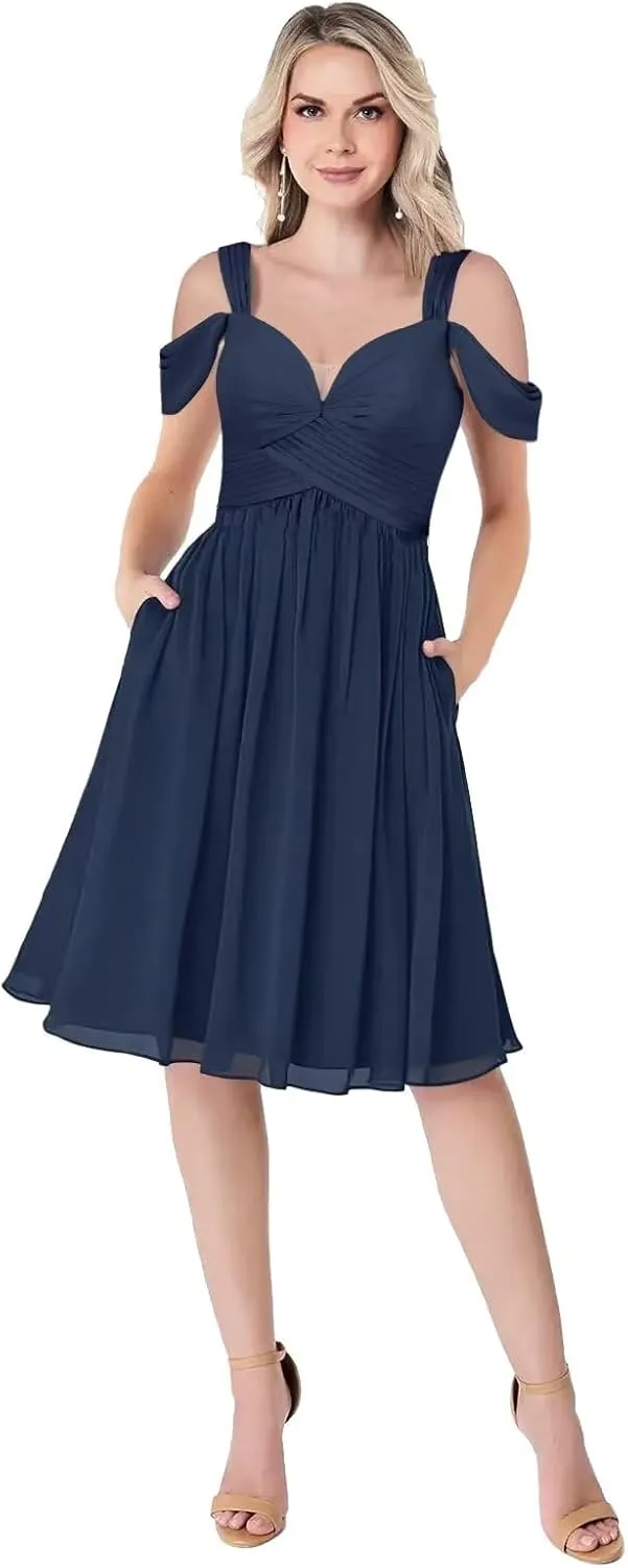 KDTM Short Off Shoulder Chiffon Bridesmaid Dress with Pockets Pleat Knee Length A-Line Formal Party Dresses