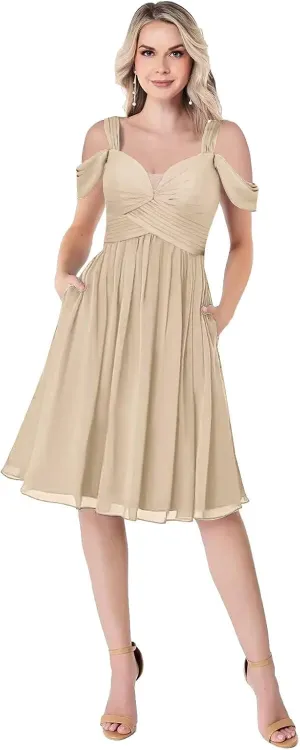 KDTM Short Off Shoulder Chiffon Bridesmaid Dress with Pockets Pleat Knee Length A-Line Formal Party Dresses