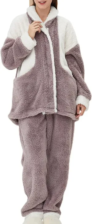 Lazutom Women' s Winter Warm Fluffy Pajamas Set Color Block Sherpa Fleece Pullover Pants Loose Plush Sleepwear Pjs Loungewear