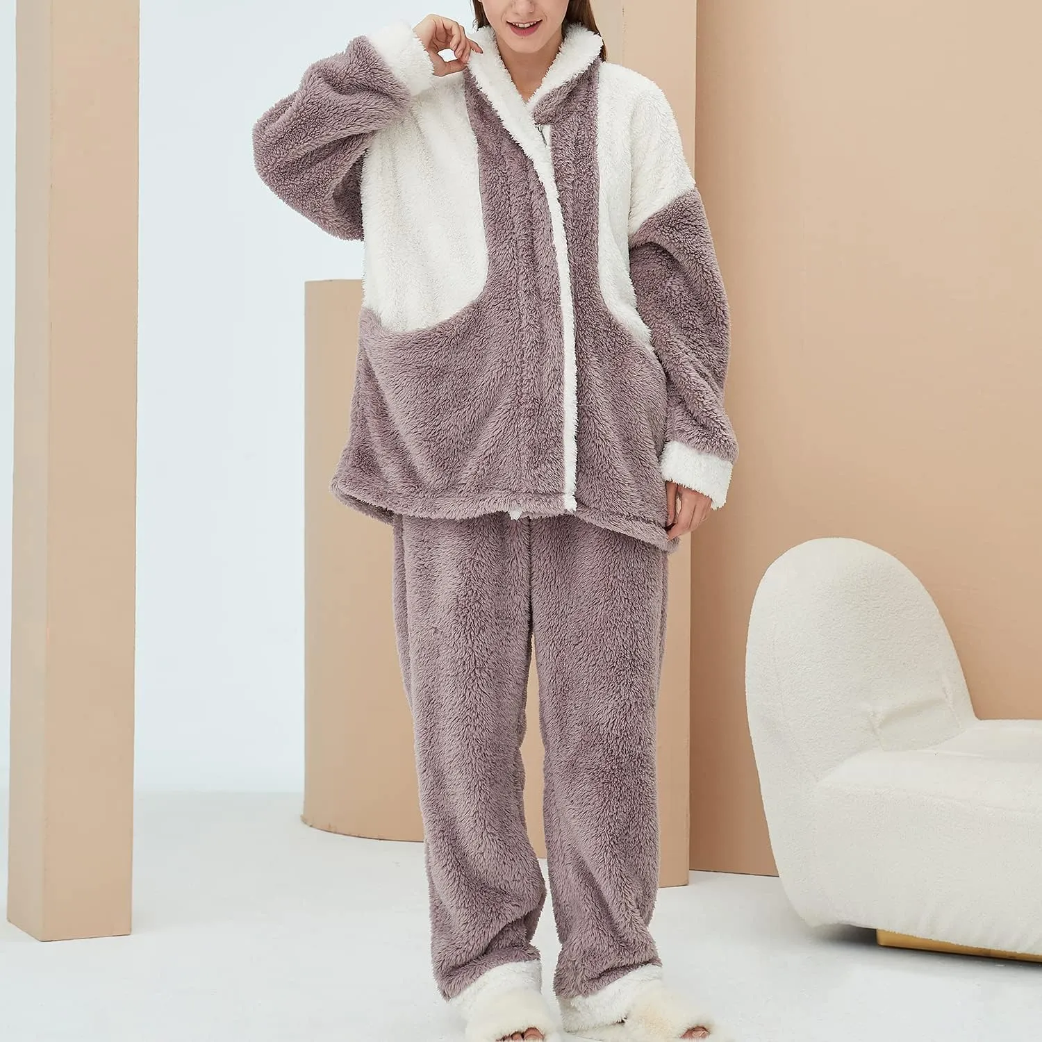 Lazutom Women' s Winter Warm Fluffy Pajamas Set Color Block Sherpa Fleece Pullover Pants Loose Plush Sleepwear Pjs Loungewear