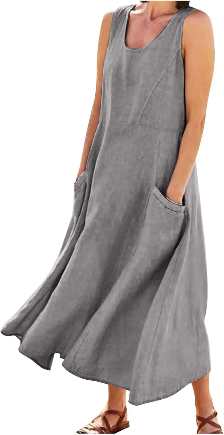 Linen Dress Women Plus Size Summer Dresses 2025 Casual Solid Colour Sleeveless Cotton Linen Dress with Pocket