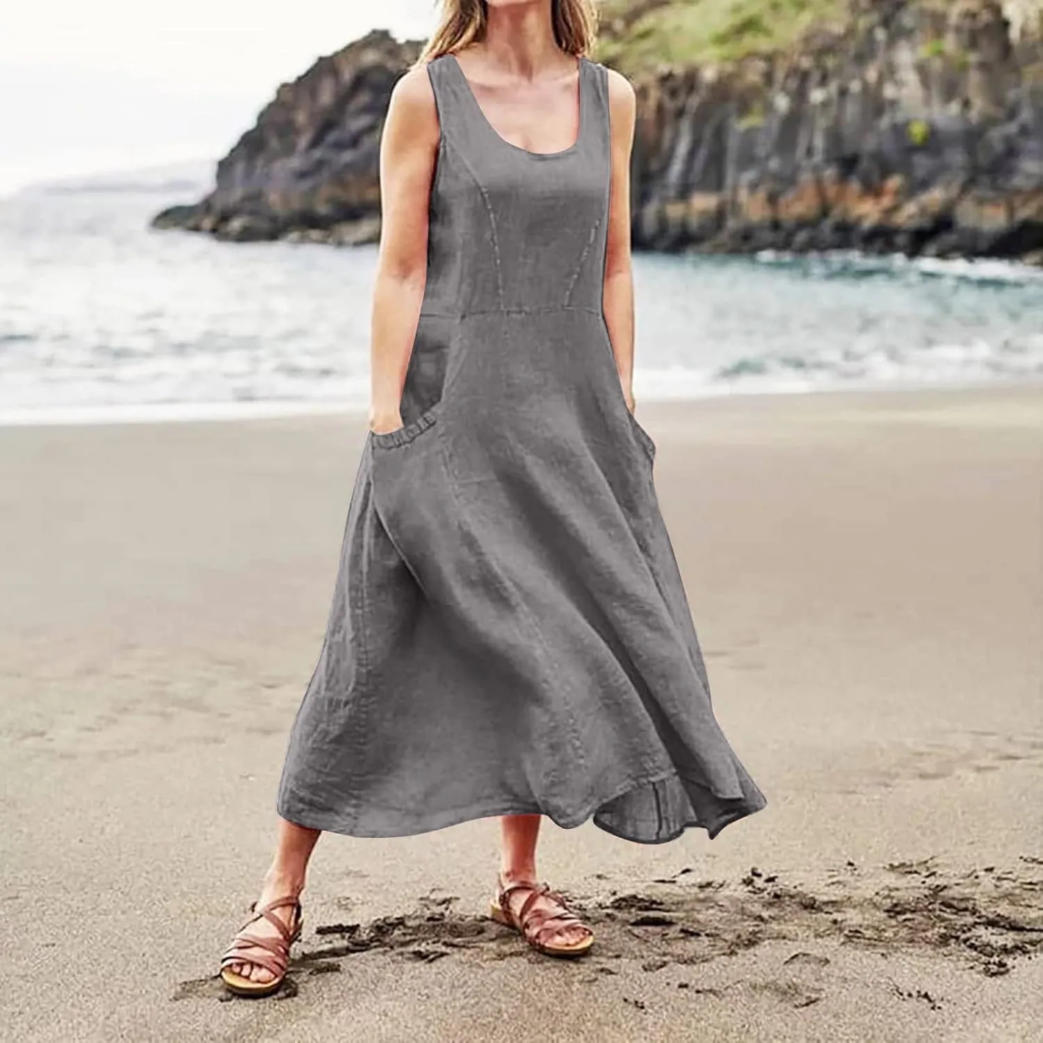 Linen Dress Women Plus Size Summer Dresses 2025 Casual Solid Colour Sleeveless Cotton Linen Dress with Pocket