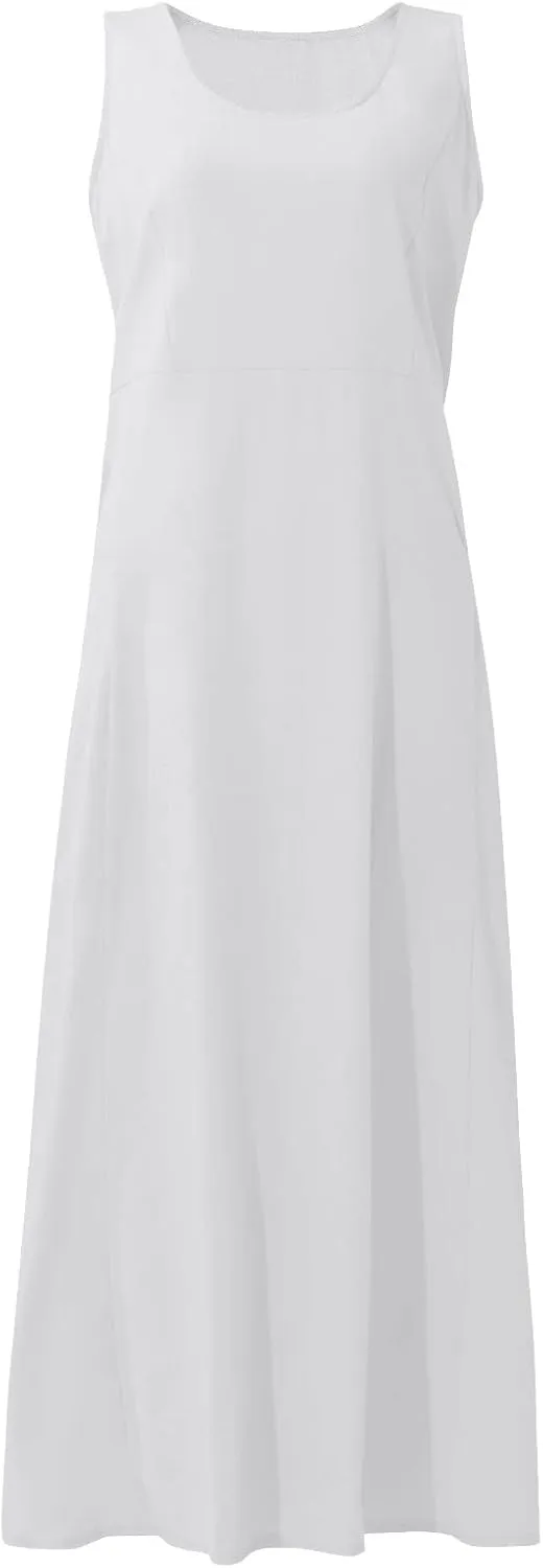 Long Dresses for Women Plus Size Cotton Cute Midi Sundress Plain Linen Sleeveless Summer Dresses with Pockets