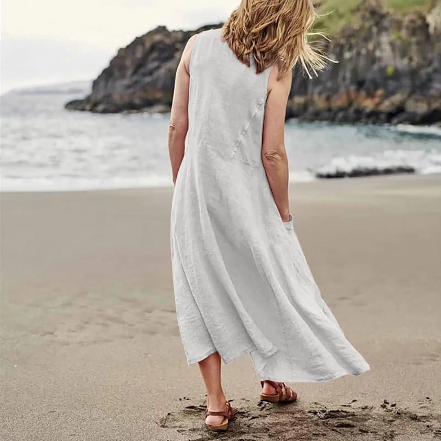 Long Dresses for Women Plus Size Cotton Cute Midi Sundress Plain Linen Sleeveless Summer Dresses with Pockets