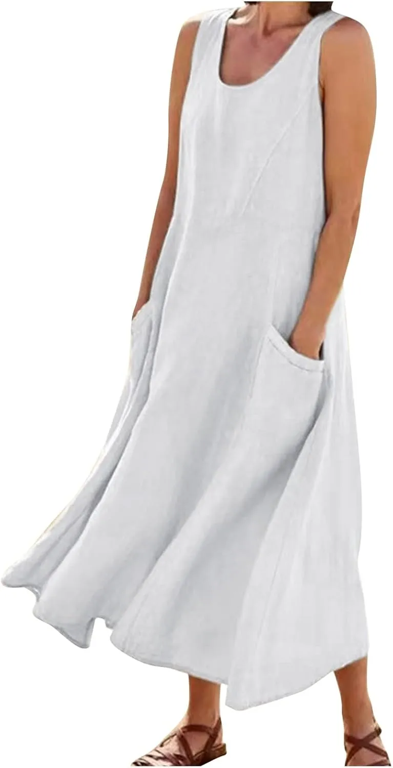 Long Dresses for Women Plus Size Cotton Cute Midi Sundress Plain Linen Sleeveless Summer Dresses with Pockets