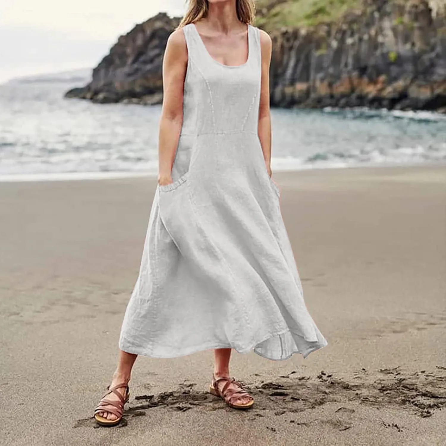 Long Dresses for Women Plus Size Cotton Cute Midi Sundress Plain Linen Sleeveless Summer Dresses with Pockets