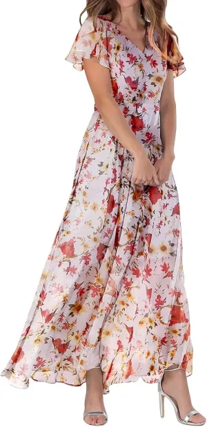 Long Spring Dresses for Women 2025, Floral Chiffon Dress, Casual V Neck Maxi Dress, Short Sleeve Ruffle Party Dress
