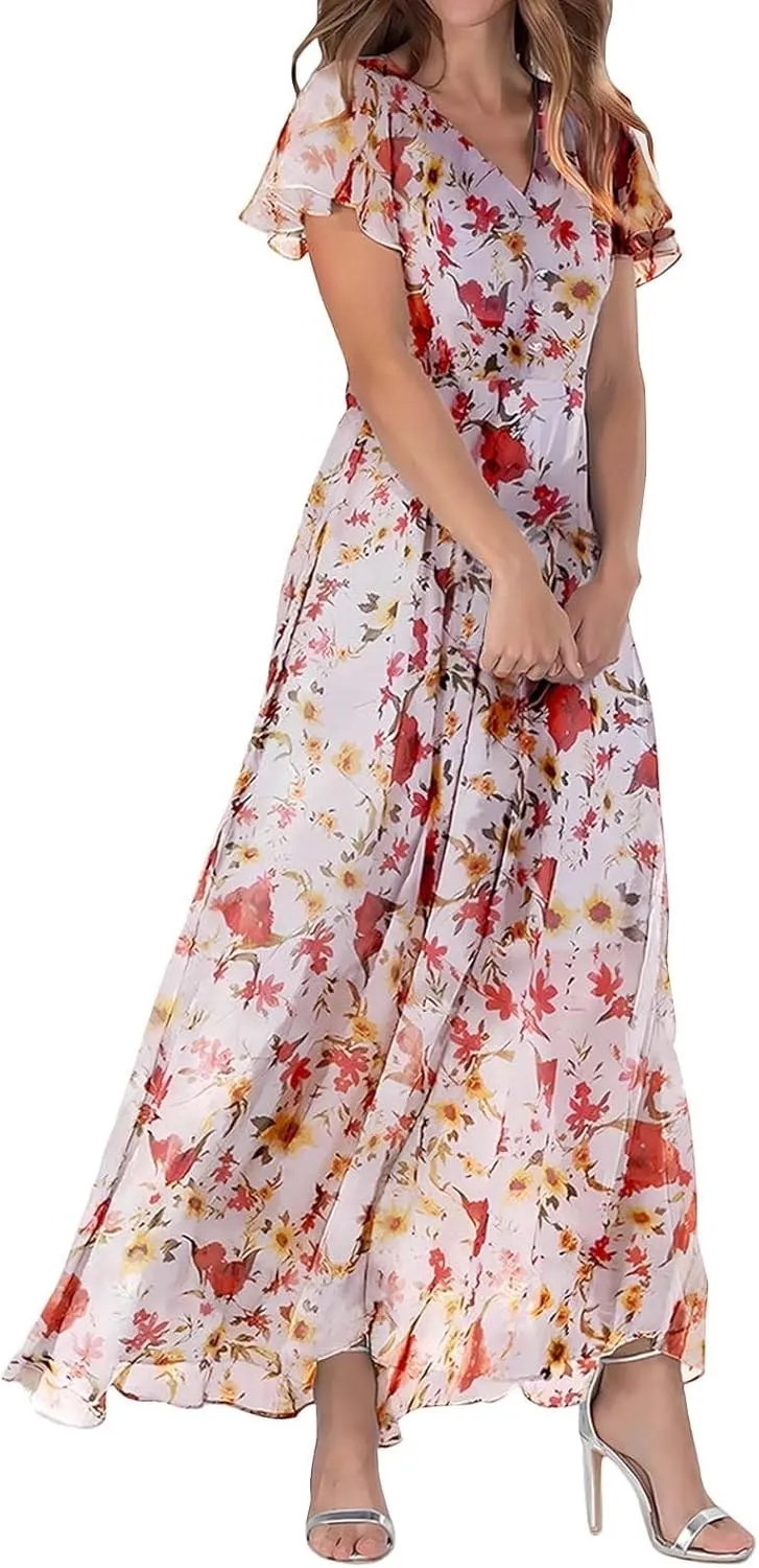 Long Spring Dresses for Women 2025, Floral Chiffon Dress, Casual V Neck Maxi Dress, Short Sleeve Ruffle Party Dress