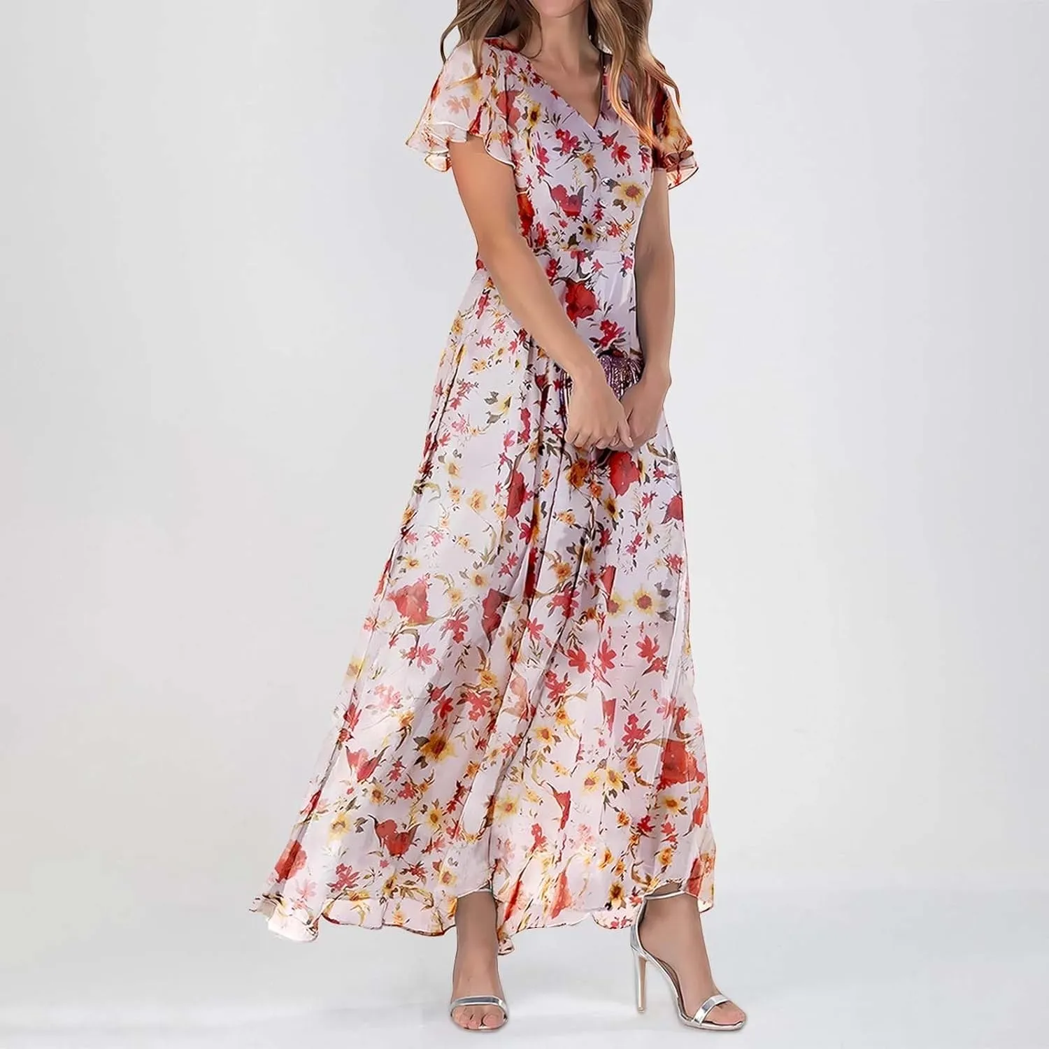 Long Spring Dresses for Women 2025, Floral Chiffon Dress, Casual V Neck Maxi Dress, Short Sleeve Ruffle Party Dress