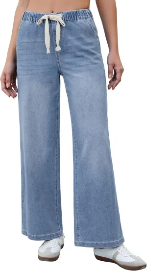 luvamia Wide Leg Jeans Woman High Waisted Trendy Pull On Elastic Waist Drawstring Stretchy Denim Jean Pants with Pockets