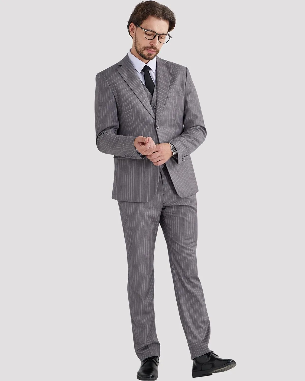 MAGE MALE Mens Pinstripe 3 Piece Suit Slim Fit Elegant Single Breasted Business Wedding Party Blazer Vest& Pants Set