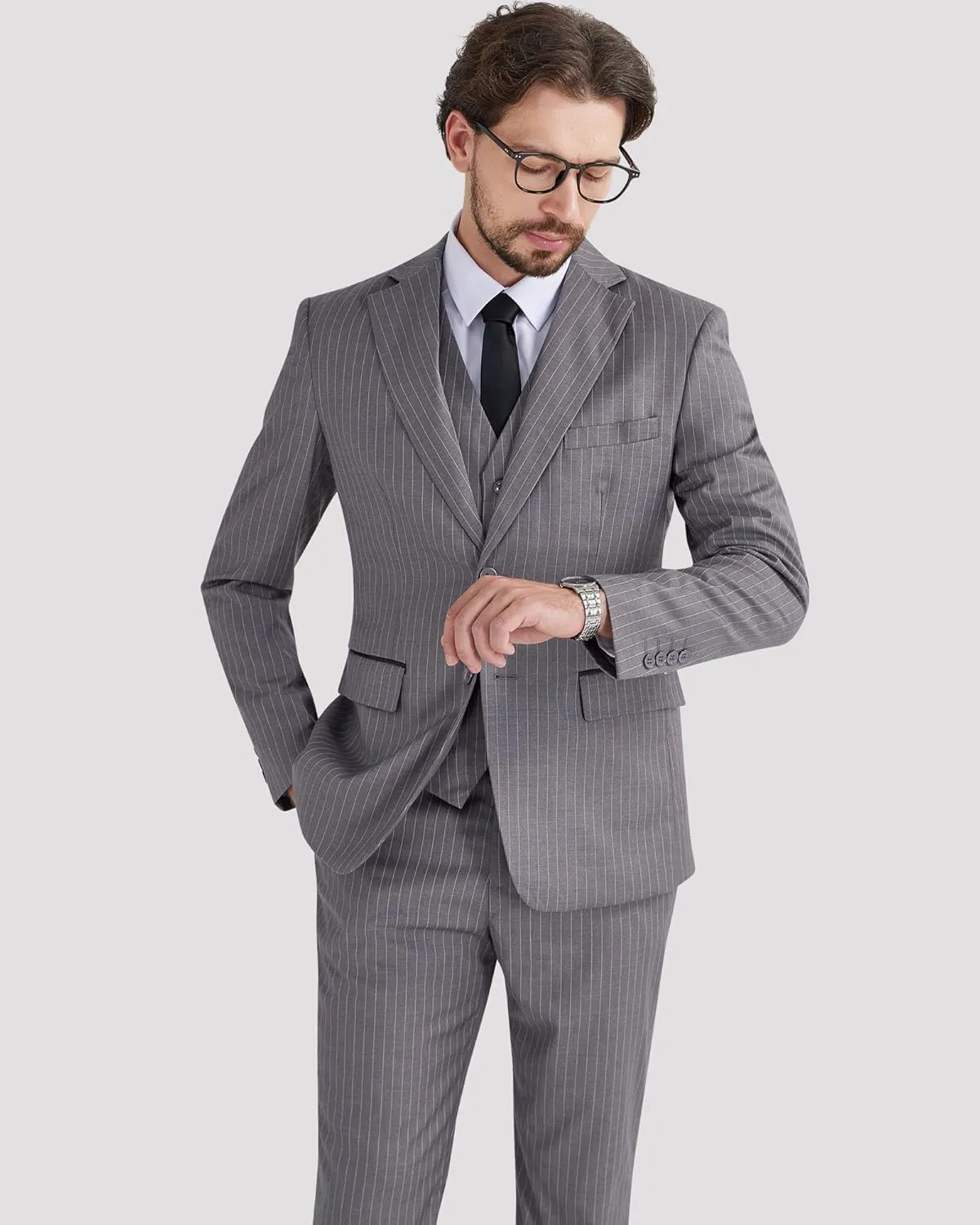 MAGE MALE Mens Pinstripe 3 Piece Suit Slim Fit Elegant Single Breasted Business Wedding Party Blazer Vest& Pants Set