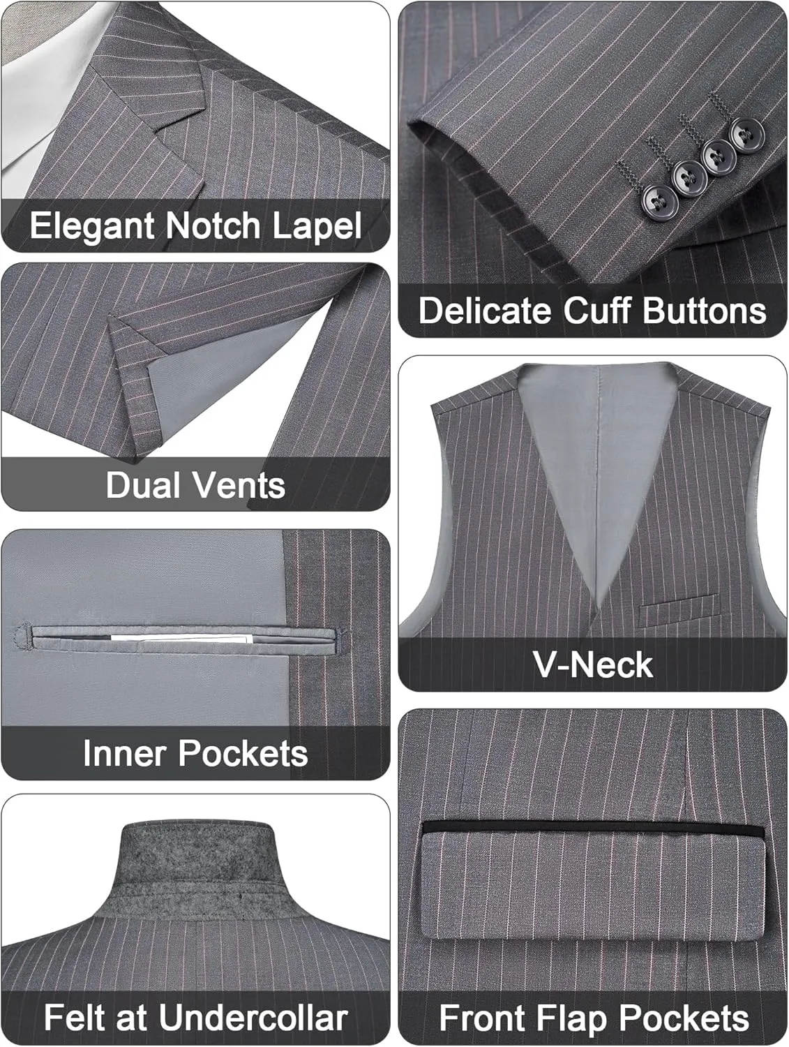 MAGE MALE Mens Pinstripe 3 Piece Suit Slim Fit Elegant Single Breasted Business Wedding Party Blazer Vest& Pants Set