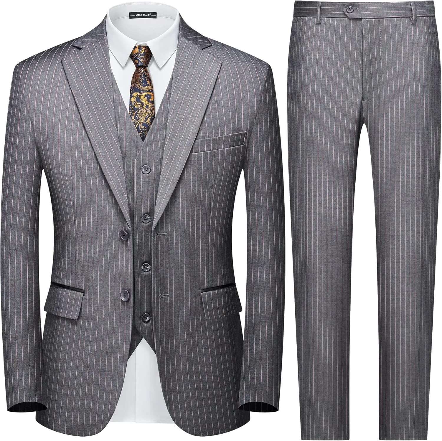 MAGE MALE Mens Pinstripe 3 Piece Suit Slim Fit Elegant Single Breasted Business Wedding Party Blazer Vest& Pants Set