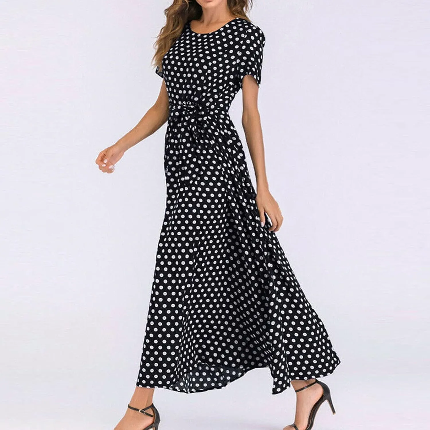 Maxi Dress for Women Boho Summer Polka Dot Print Casual Dress Short Sleeve Long Dresses Flowy Swing Beach Sundress