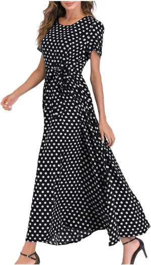 Maxi Dress for Women Boho Summer Polka Dot Print Casual Dress Short Sleeve Long Dresses Flowy Swing Beach Sundress