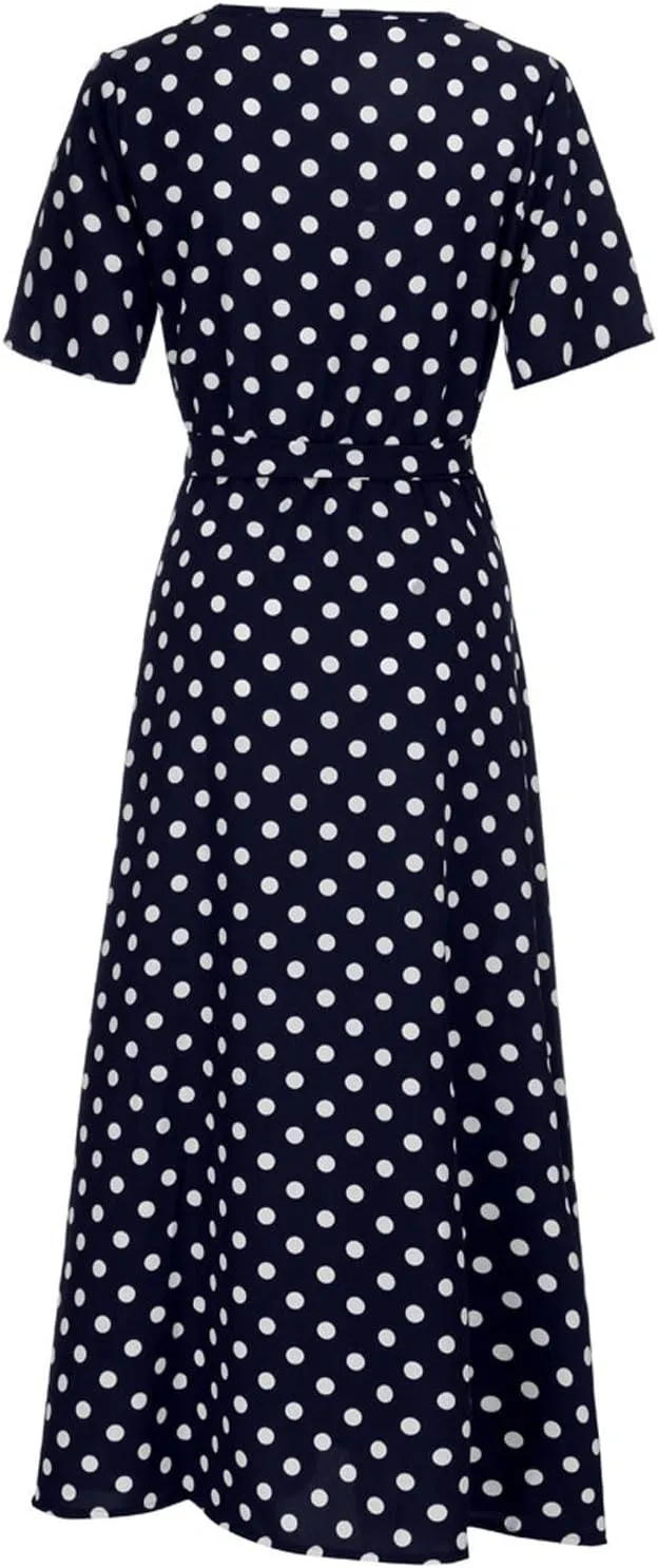 Maxi Dress for Women Boho Summer Polka Dot Print Casual Dress Short Sleeve Long Dresses Flowy Swing Beach Sundress