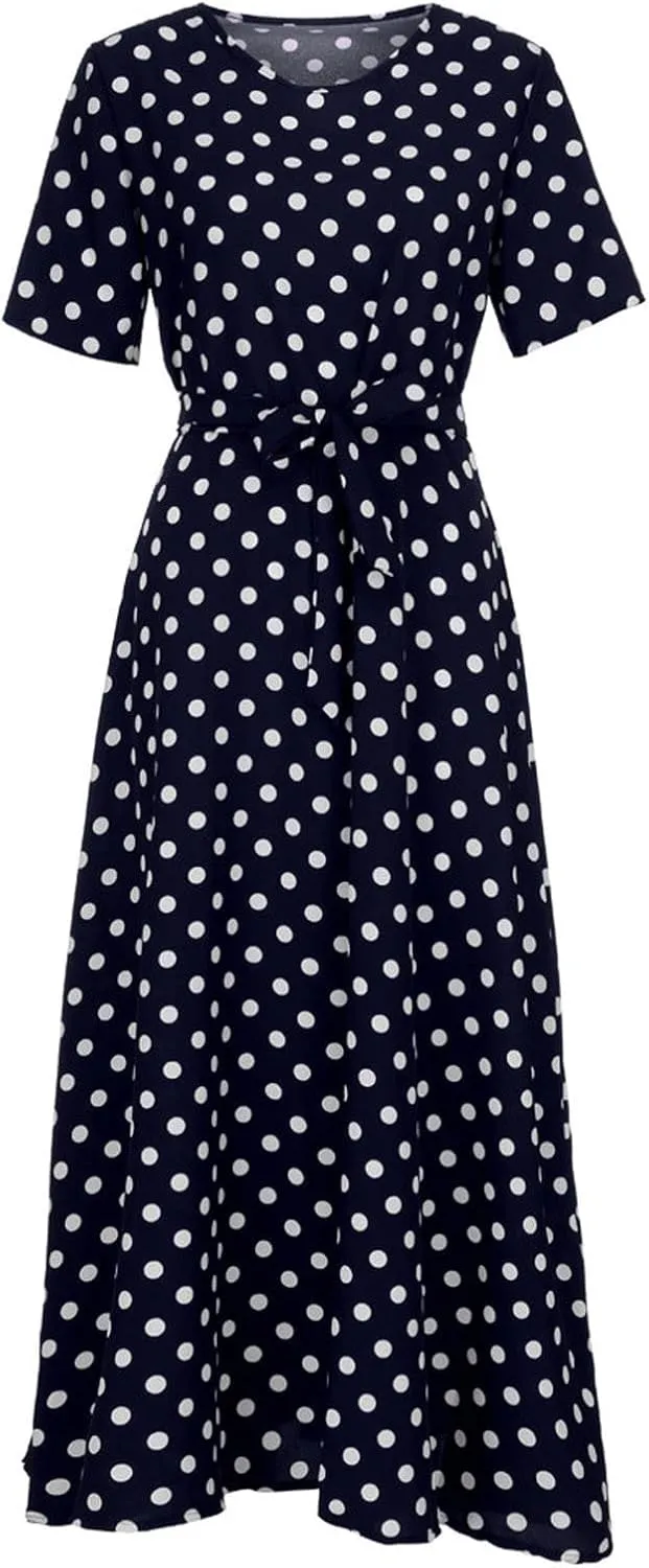 Maxi Dress for Women Boho Summer Polka Dot Print Casual Dress Short Sleeve Long Dresses Flowy Swing Beach Sundress