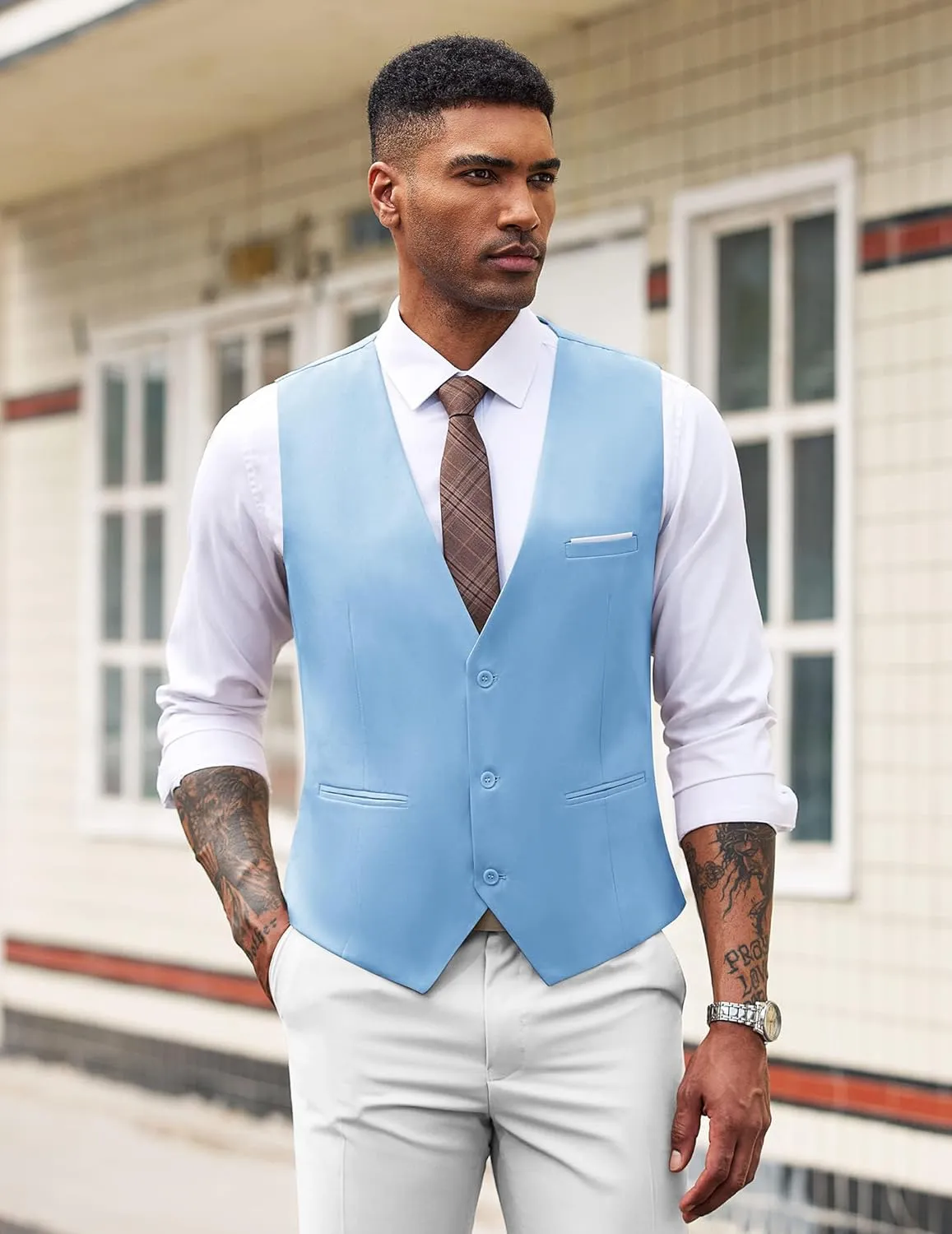 Men's Beige Sleeveless Formal Slim Fit Suit Vest