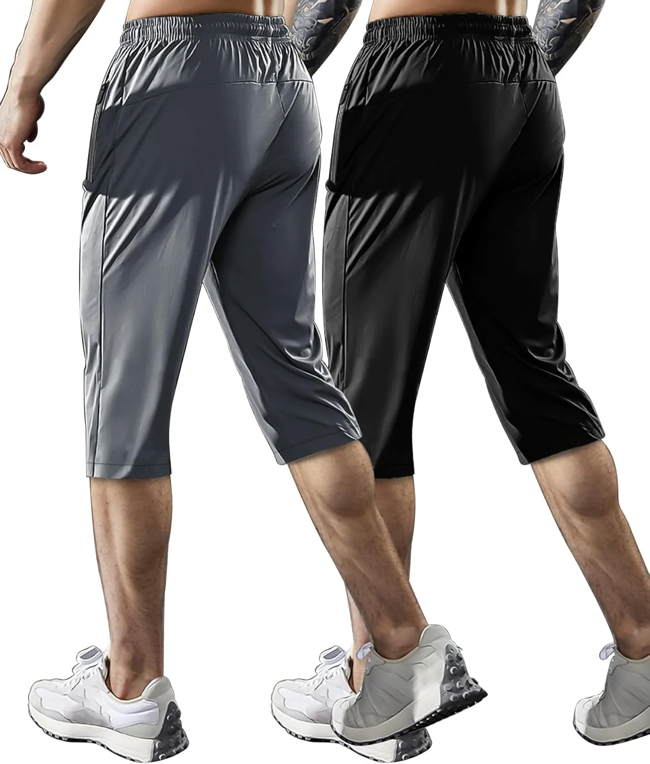 Men's Capri Pants 3/4 Joggers Gym/Workout/Hiking Below Knee Long Shorts Lightweight Quick Dry with Zipper Pockets