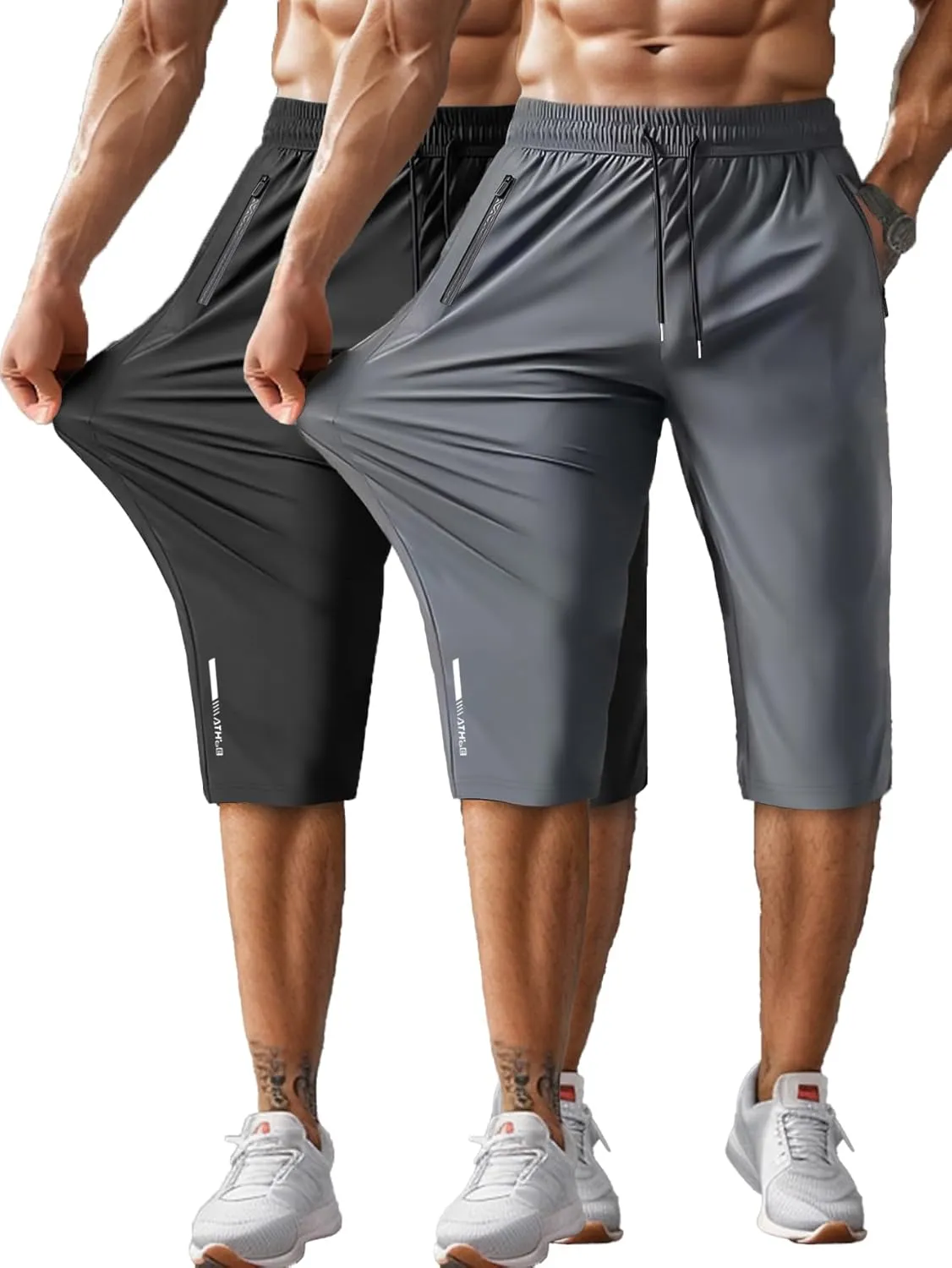 Men's Capri Pants 3/4 Joggers Gym/Workout/Hiking Below Knee Long Shorts Lightweight Quick Dry with Zipper Pockets
