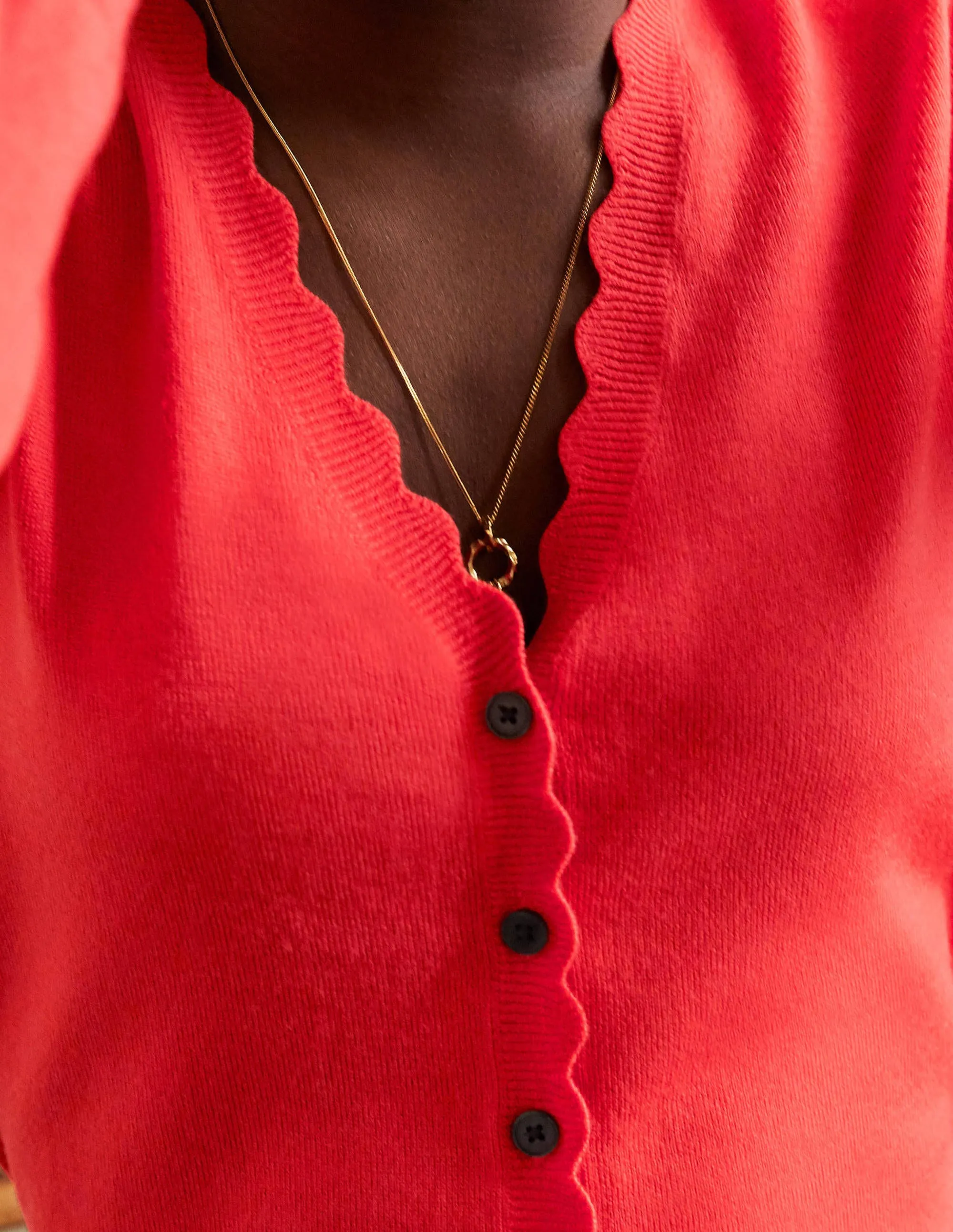 Merino Scallop Trim Cardigan-Cherry Red
